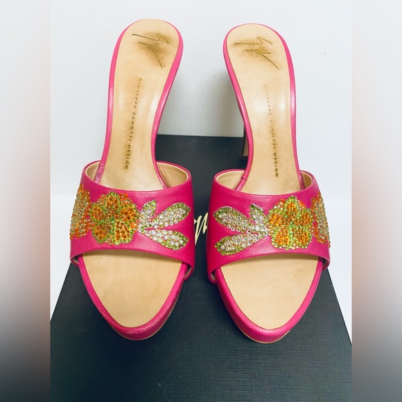 Giuseppe Zanotti Fuschia Pink Leather Floral Crystal Stiletto Mule Slide Shoe 9B - Picture 7 of 10